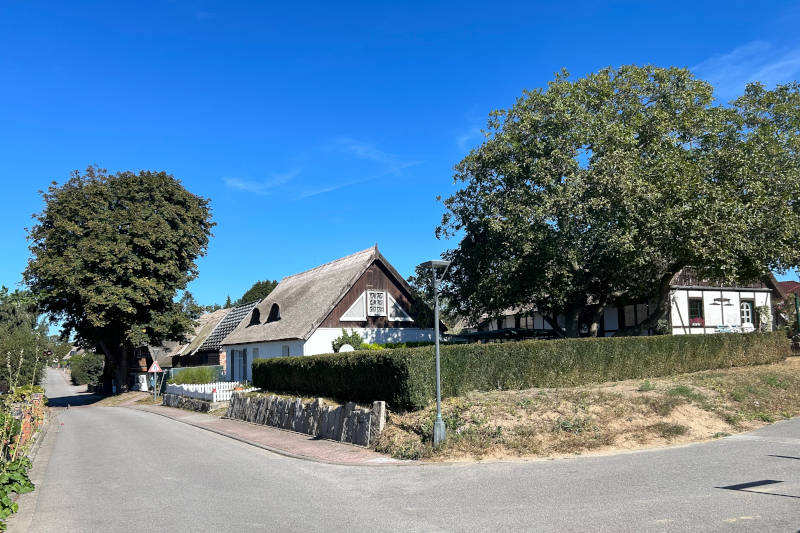 Impression der Dorfstrasse in Loddin mit seinen reetgedeckten Häuser